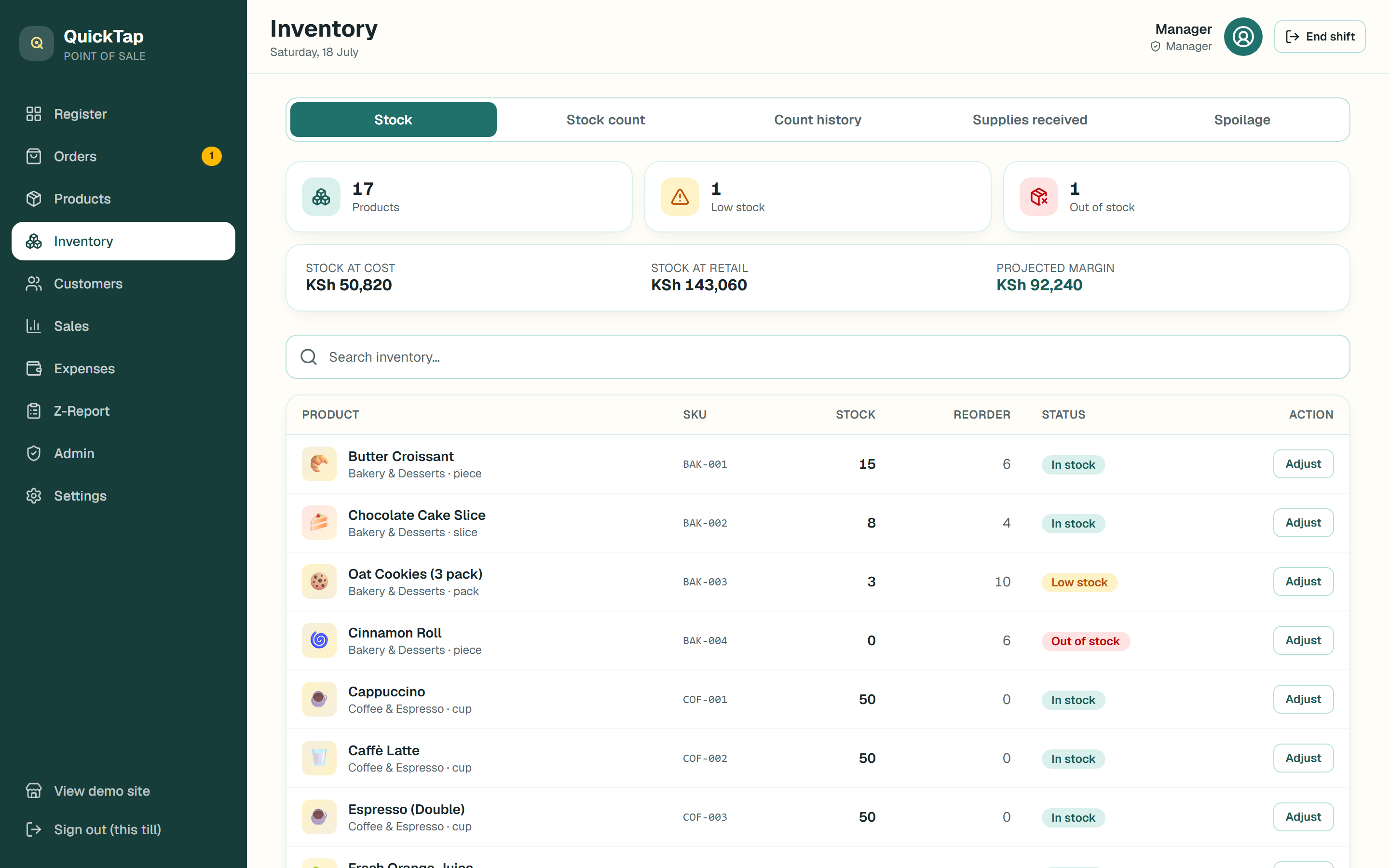 QuickTap POS inventory screen with stock levels, low-stock flags and valuation at cost and retail