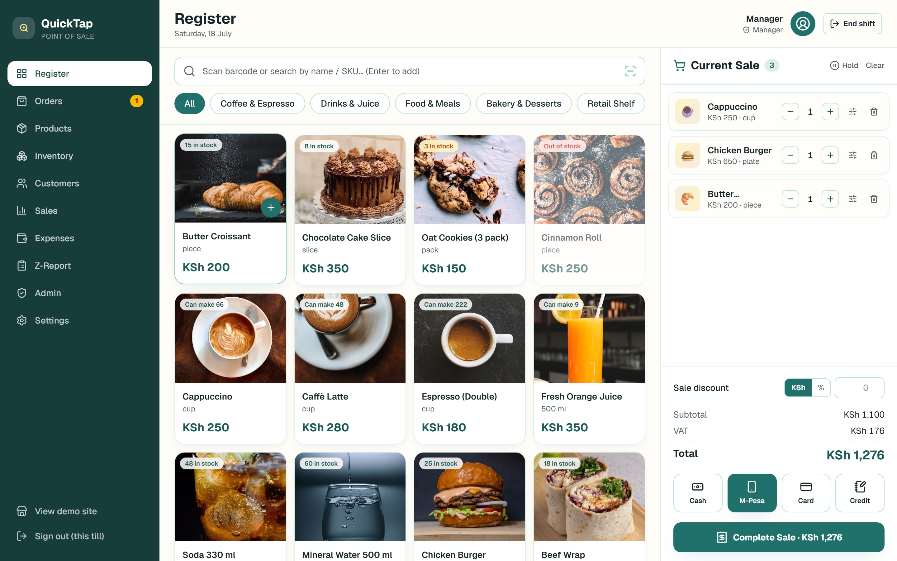 QuickTap POS register: product tiles with photos and stock badges, a running sale with three items, and M-Pesa, cash, card and credit tenders